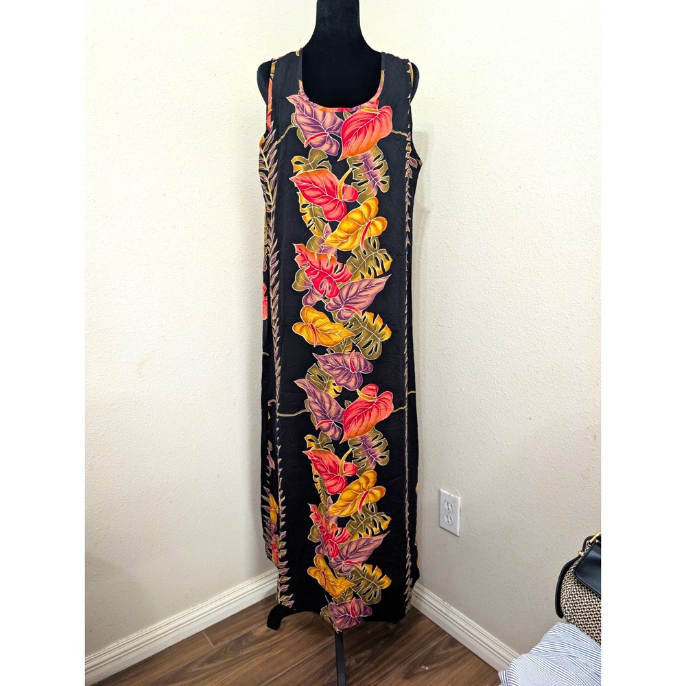 Ohana Fashion Hawaii Women's XL Black Tropical Floral Hawaiian Maxi Dress